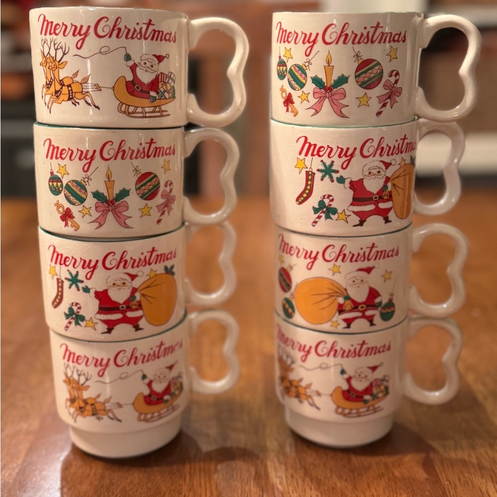 Vintage Christmas Stackable Heart Handle Mugs Lot Of 8 Japan 1960s Santa Kitschy